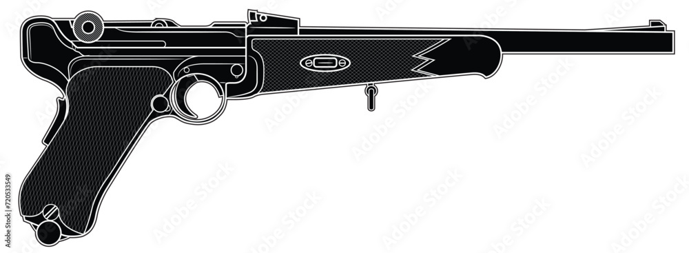Vector illustration of the P08 Luger german automatic pistol with long barrel and wooden handgrip on the white background. Black. Right side.