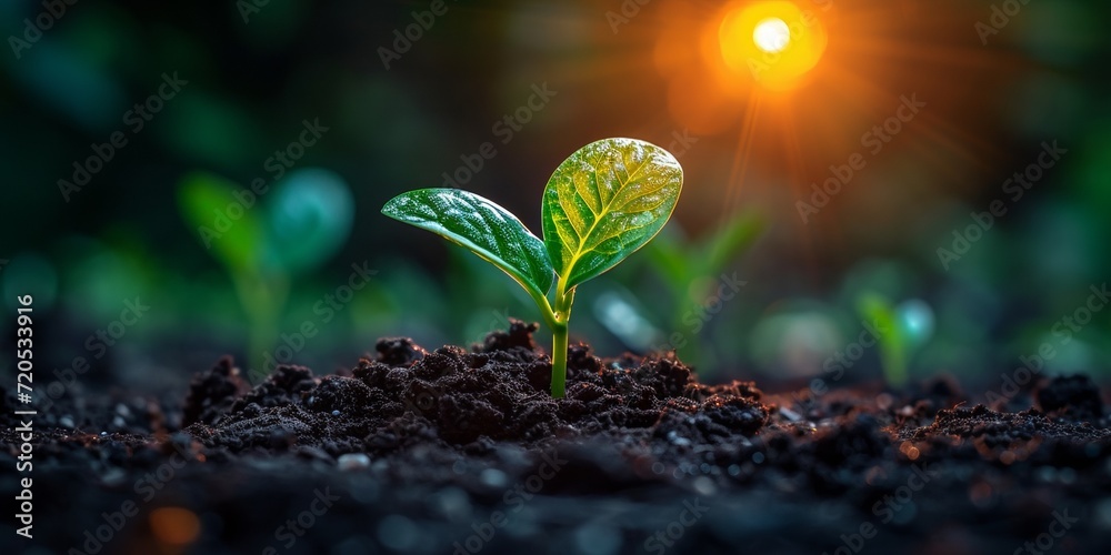 A thriving green sprout, representing growth and life, emerges from fertile soil in the sunlight. A thriving green sprout, representing growth and life, emerges from fertile soil in the sunlight.