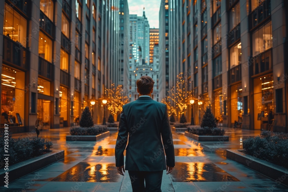 Alone, confident businessman strolls through the illuminated cityscape. Alone, confident businessman strolls through the illuminated cityscape.