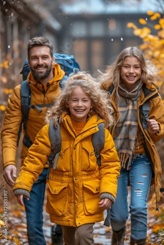 A joyful family enjoying autumn together, backpacking in a park.