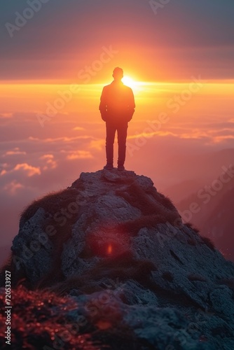 A silhouette of a man standing on a mountain peak at sunset, showcasing adventure and achievement.