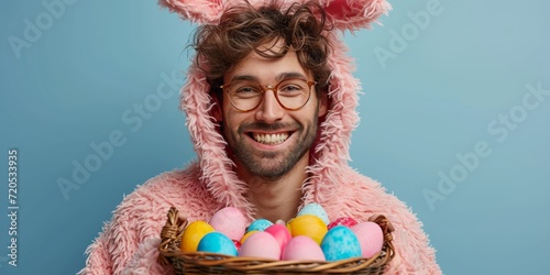 A joyful, unshaved man in a bunny costume celebrates Easter, holding a festive basket.
