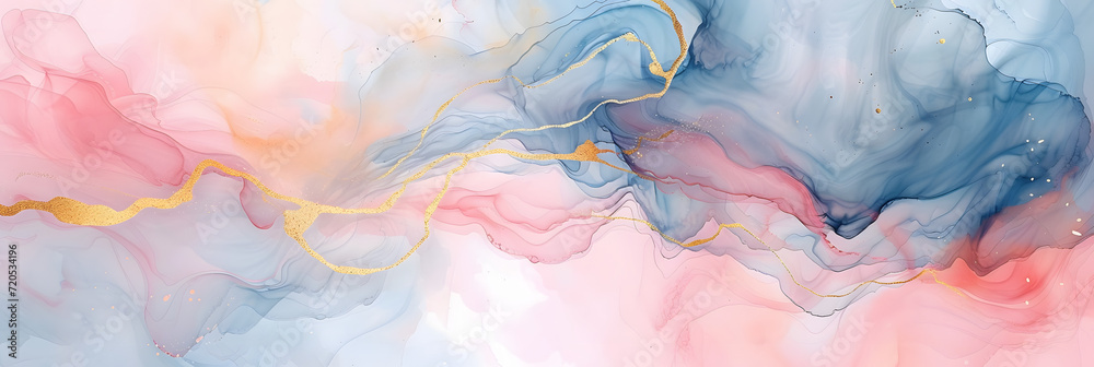 Abstract watercolor paint background illustration - Soft pastel pink blue color and golden lines, with liquid fluid marbled paper texture banner texture,
