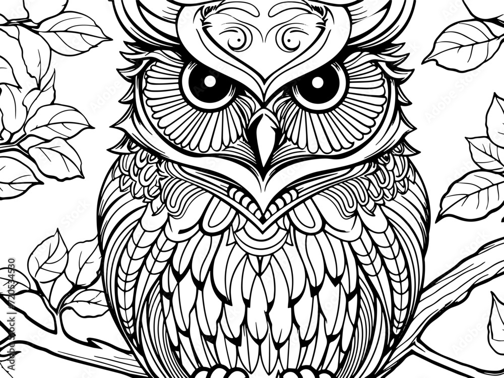 Wild bird, night bird sits on a tree branch surrounded by leaves. Vector generative AI, black lines Wild bird, night bird sits on a tree branch surrounded by leaves. Vector generative AI, black lines