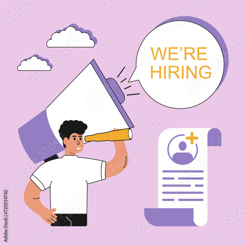 Man employer speaks on the loudspeaker, we are hiring !!!, and is looking for new employees. Recruitment agency, search for candidates online. Recruitment agency concept. Vector illustration.