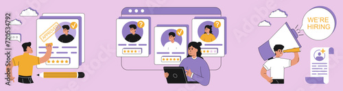 Recruitment agency, hiring, vector illustration set. Hr managers searching new employee, reading CV and giving job candidate review. Manager approves a new employee for a vacancy. Vector illustration.