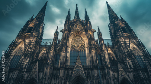 A classic Gothic cathedral with towering spires and detailed stained glass windows representing a masterpiece of medieval architecture.