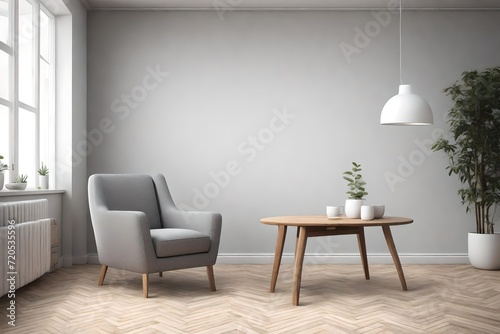 an AI image depicting the interior of a living space with a grey fabric armchair, a wooden table on a wooden floor, and a white wall © Noor