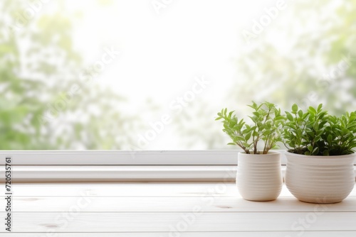 an empty wooden table in a white kitchen against a blurred window background. a workplace for cooking.