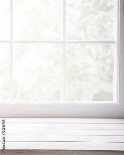 an empty wooden table in a white kitchen against a blurred window background. a workplace for cooking.