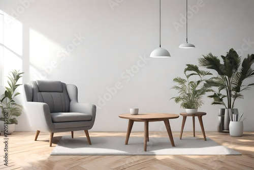  the interior of a living space with a grey fabric armchair, a wooden table on a wooden floor, and a white wall photo