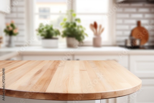 an empty table  a light background  a tabletop for the display of your product. blurred kitchen background.