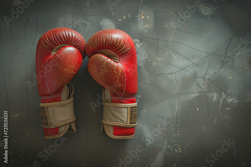 Rocky Balboas red boxing gloves on a concrete floor. Background image. Created with Generative AI technology photo