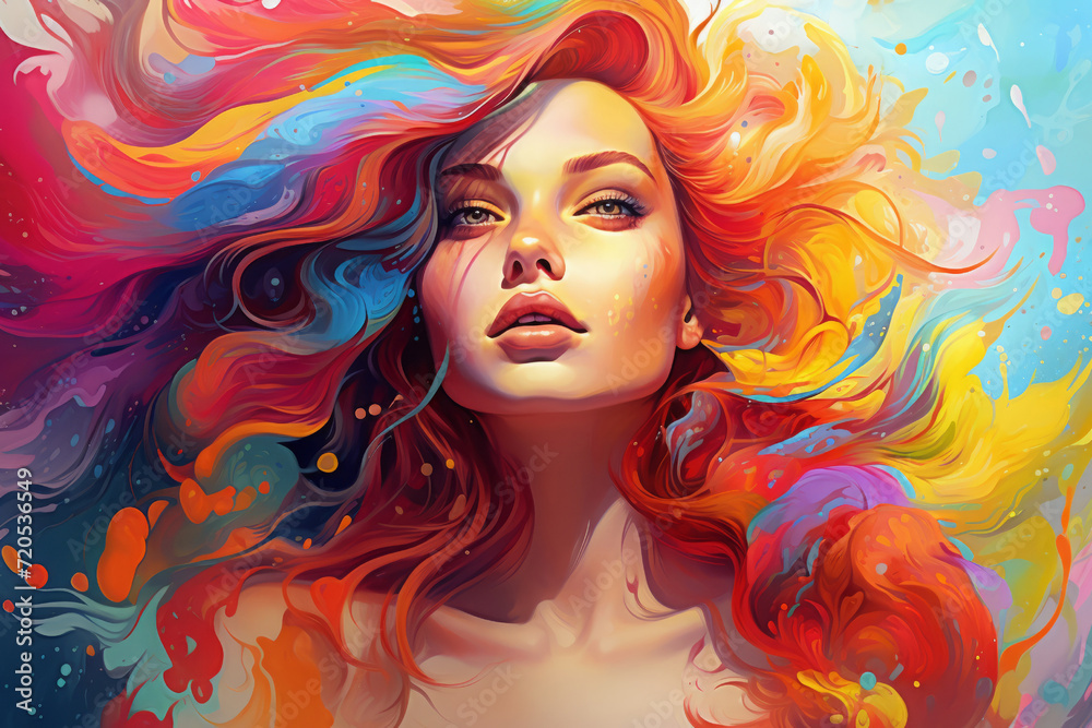 portrait of a girl with colorful rainbow hair fluttering in the wind. the style of a hand-drawn sketch, illustration. A wonderful, stunningly beautiful young woman.