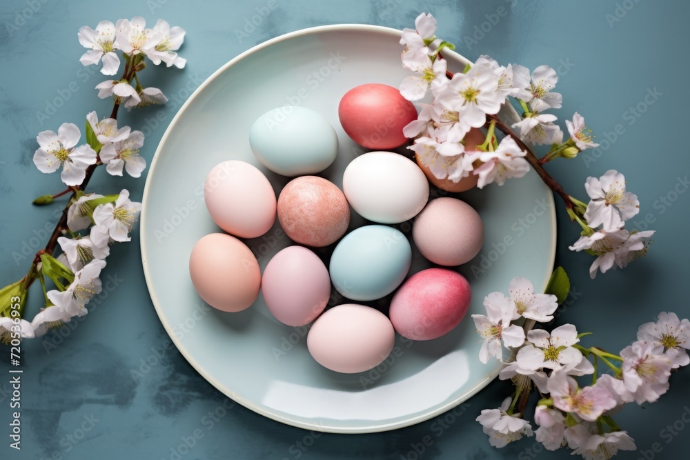 easter plate with colored pastel eggs, delicate shading. festive spring tradition.