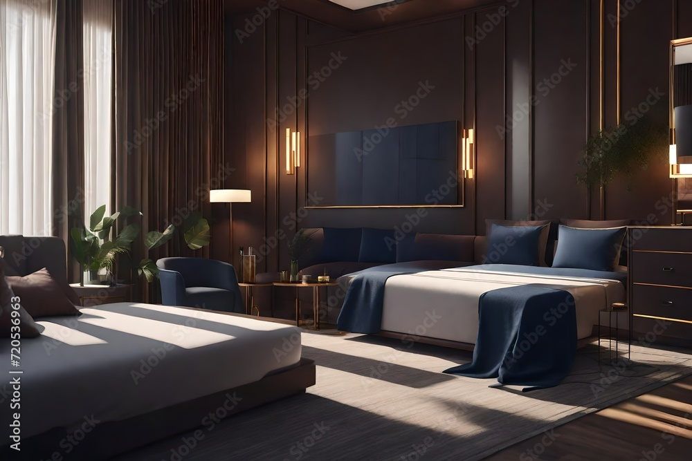 a photorealistic 3D illustration of a hotel room interior using AI image rendering.