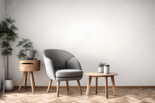 interior of living grey fabric armchair  wooden table on wooden floor and white wall