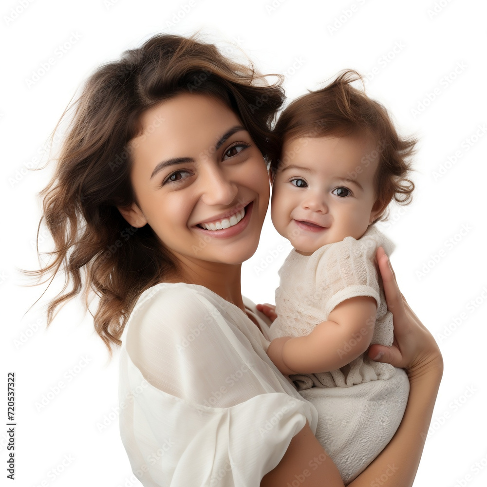 Portrait of a happy smiling mother with a baby in her arms, isolated on a white background, a moment of love, a cute little baby in her mother's arms. Portrait of a happy smiling mother with a baby in her arms, isolated on a white background, a moment of love, a cute little baby in her mother's arms.