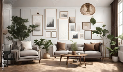 an AI description for an image of a sophisticated vintage living room featuring a stylish gray sofa, © Noor
