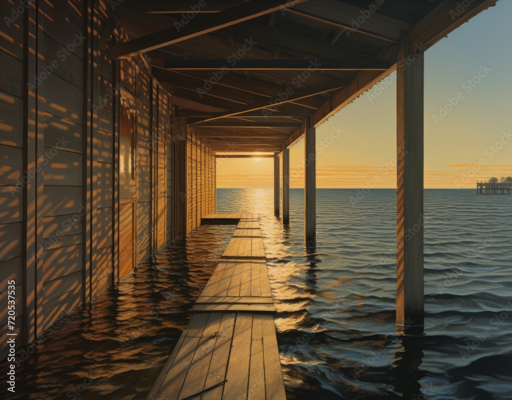 Outdoor color photograph of a floating catwalk underneath a raised pier looking out onto a calm sea, late day sunshine. From the series “Golden Age.