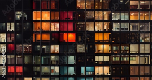 Outdoor nighttime photograph of the fa�ade of a large apartment building with a grid of windows lit up in different colors