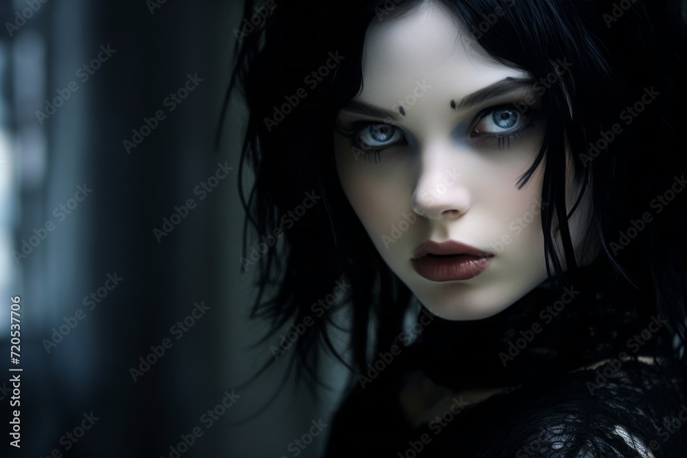 goth girl in black clothes, with black hair and dark makeup. youth subculture. style or outfit for a party. goth girl in black clothes, with black hair and dark makeup. youth subculture. style or outfit for a party.