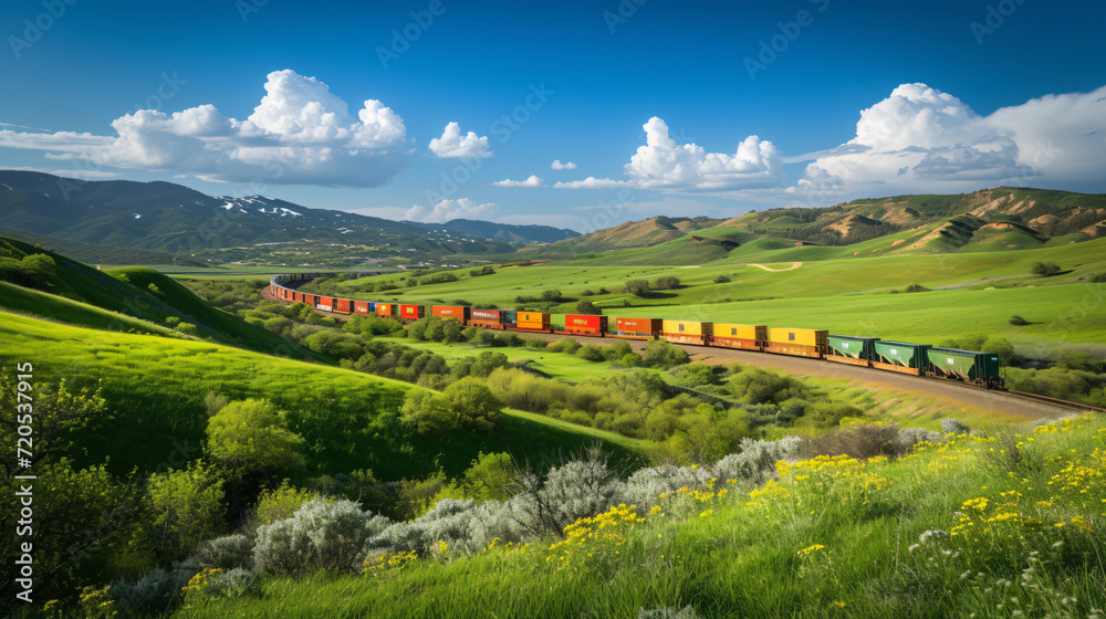 A colorful freight train winding through a lush green valley during springtime.