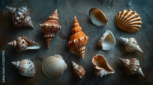 A collection of exotic seashells displayed on a dark moody background highlighting their unique shapes and textures with dramatic lighting.