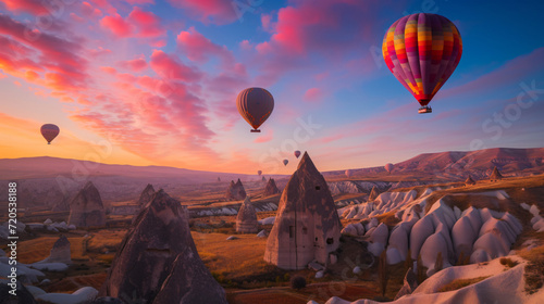 A colorful hot air balloon flight over Cappadocias unique fairy chimneys and rock formations at dawn. photo