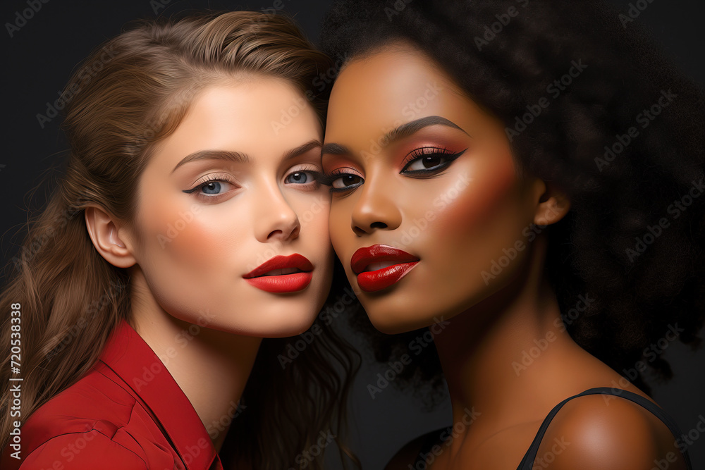 Two diverse girlfriends closeup portrait. Two diverse girlfriends closeup portrait.