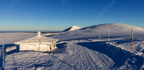 View of the memorial to the victims of the mountains at sunset, the Giant mountains.