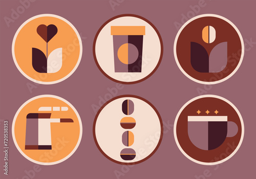 Coffee geometric stickers in minimal retro style.Coffe shop emblems pack.Ideal for coffee shop,bakery,branding,decoration,cover design, decorative print, background.Vector illustration EPS 10.