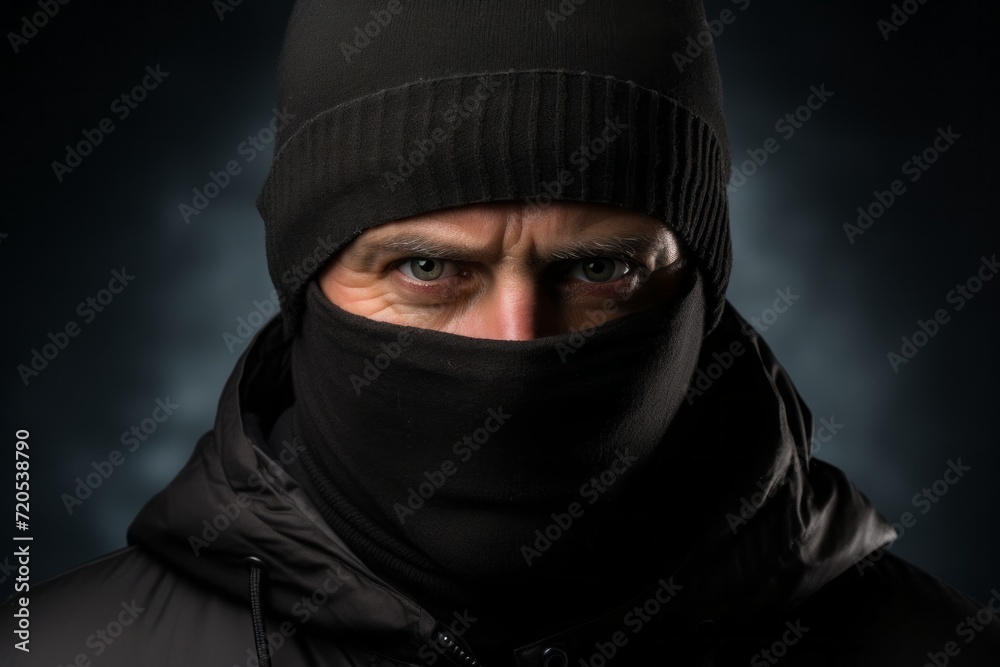 a serious mature man in a black balaclava. the villain, the robber, the thief, covered his face with a mask with an eye slit. portrait close-up, dark background. a serious mature man in a black balaclava. the villain, the robber, the thief, covered his face with a mask with an eye slit. portrait close-up, dark background.