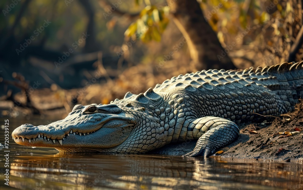 Obraz premium crocodile basking on a riverbank