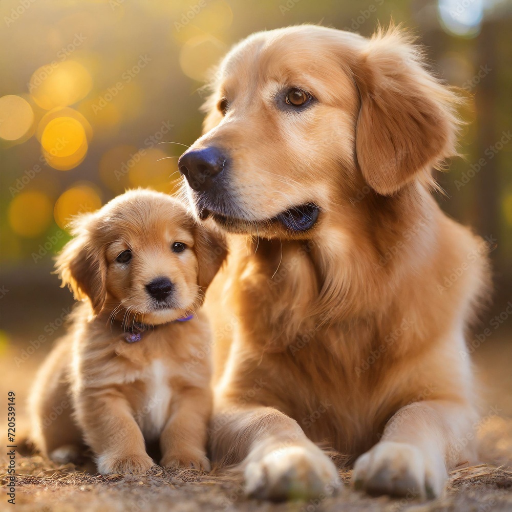 Golden Retriever with puppy. Bokeh-effect. AI-generated.