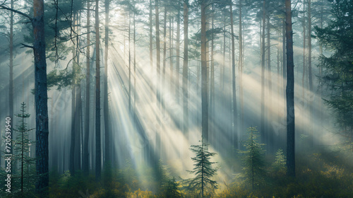 A coniferous forest in the early morning mist with rays of light filtering through.