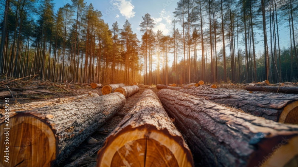 Log spruce trunks pile. Sawn trees from the forest. Logging timber wood ...