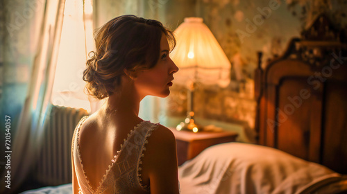 A beautiful young woman in a 1920s bedroom