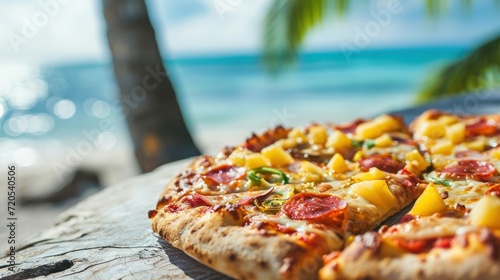 Hawaiian pizza against a tropical beach background