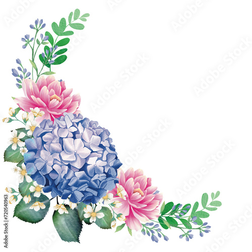 floral greeting card and blue hydrangea flower