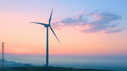 Dawn of Renewables: Lone Wind Turbine Against a Colorful Morning Sky