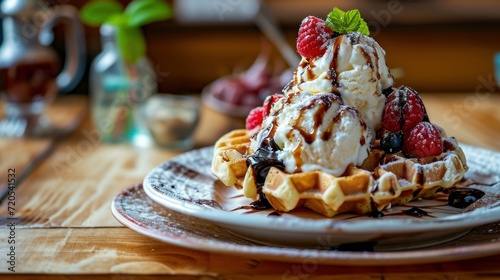 Waffle Sundae with Ice Cream against a dessert bar scene