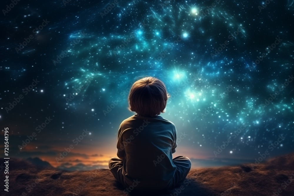 Illustragion of beautiful scenery showing the young boy girl among glowing planets and star in the night sky, dreaming or hope concept