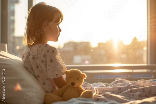 Serene Morning: Child with Teddy Bear Looking Out Hospital Window