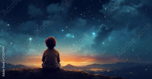 Illustragion of beautiful scenery showing the young boy girl among glowing planets and star in the night sky, dreaming or hope concept
