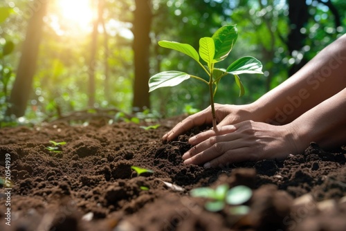 Hands Planting a Young Seedling in Fertile Soil in a Forest