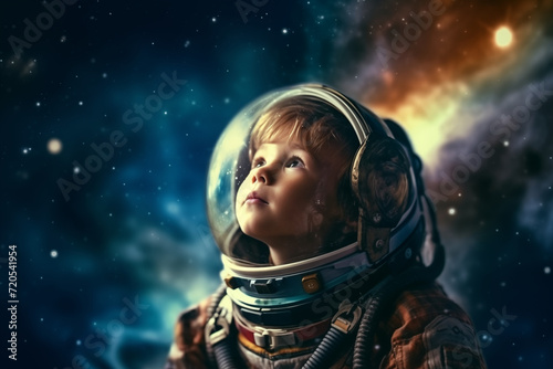 Kid in space suit looking up while standing against space and star plannet background