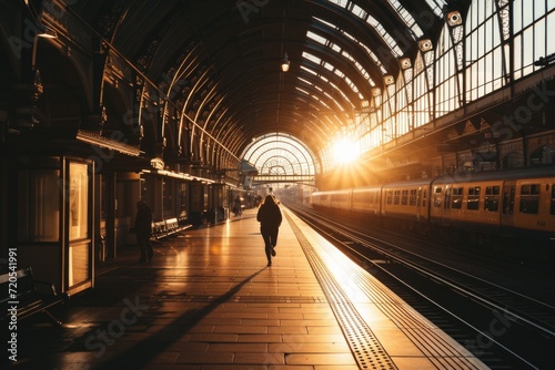 Solitary Figure Walking Along Train Platform at Sunrise