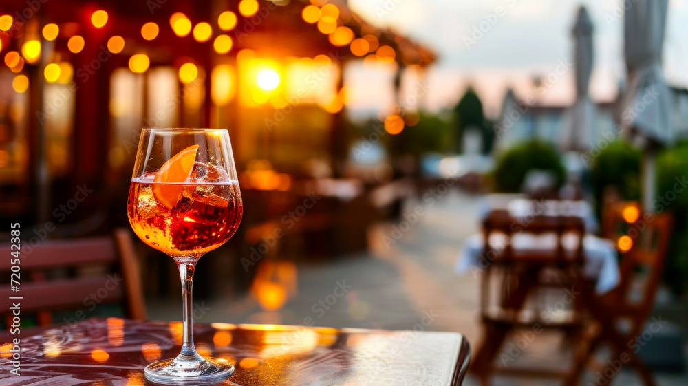 Aperol Spritz cocktail on summer restaurant patio, sunset