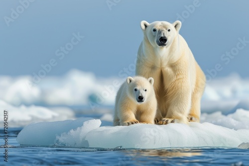 Majestic Polar Bear and Cub Standing on Melting Ice in the Arctic